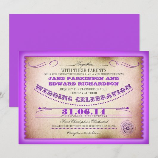 Paarse vintage huwelijksuitnodigingen - tickets kaart (Voorkant / Achterkant)