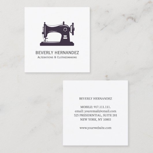 Paarse Vintage naaddruk naaimachine Vierkante Visitekaartje (Voorkant / Achterkant)