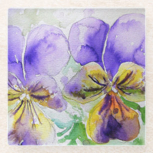 Paarse Viola Floral bloemen Waterverf Schilderen Glazen Onderzetter