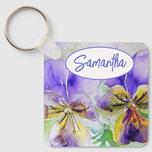 Paarse Viola Floral bloemen Waterverf Schilderen Sleutelhanger (Voorkant)