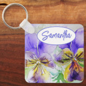 Paarse Viola Floral bloemen Waterverf Schilderen Sleutelhanger (Voorkant)