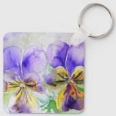 Paarse Viola Floral bloemen Waterverf Schilderen Sleutelhanger (Achterkant)