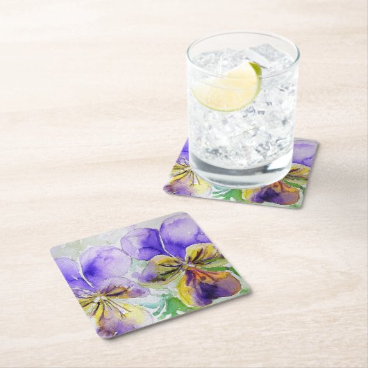 Paarse Viola Floral bloemen Waterverf Schilting Gl Kartonnen Onderzetters (Insitu)