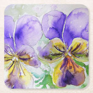 Paarse Viola Floral bloemen Waterverf Schilting Gl Kartonnen Onderzetters