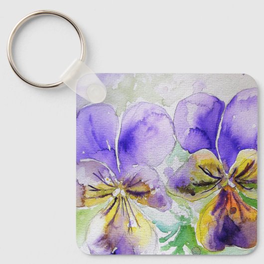 Paarse Viola Floral bloemen Waterverf Schilting Ke Sleutelhanger (Voorkant)