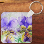 Paarse Viola Floral bloemen Waterverf Schilting Ke Sleutelhanger (Achterkant)