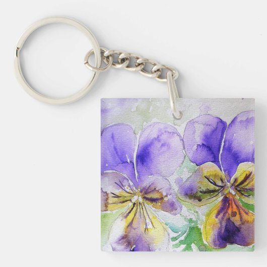 Paarse Viola Floral bloemen Waterverf Schilting Ke Sleutelhanger (voorkant)