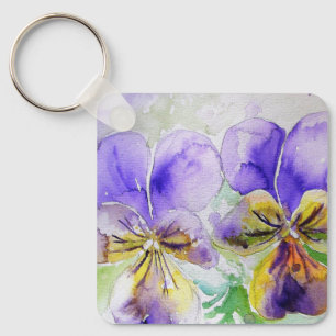 Paarse Viola Floral bloemen Waterverf Sleutelhanger