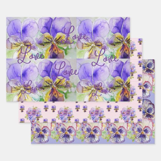 Paarse Viola Pansies bloem Waterverf Liefde Inpakpapier Vel (Set)
