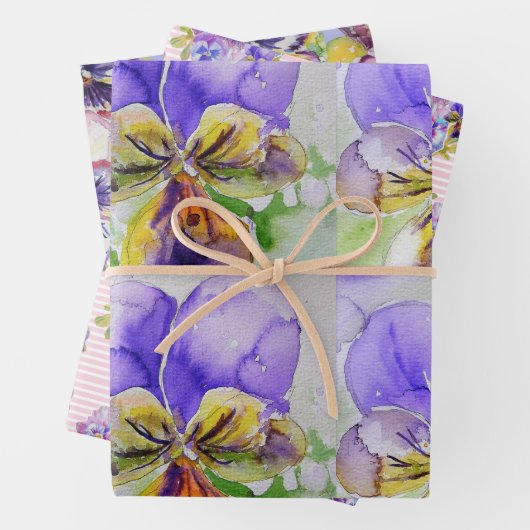 Paarse Viola Pansies bloem Waterverf Schilderen Inpakpapier Vel (In situ)