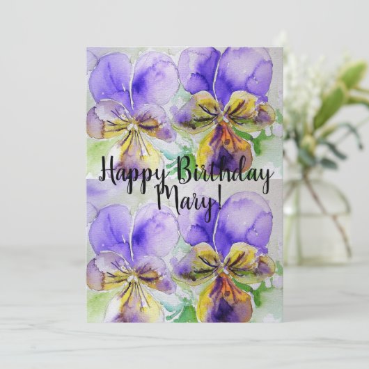 Paarse Viola pansy Aquarel Verjaardagsuitnodiging Kaart (Staand voorkant)