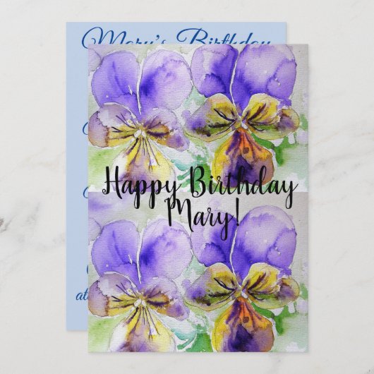 Paarse Viola pansy Aquarel Verjaardagsuitnodiging Kaart (Voorkant / Achterkant)