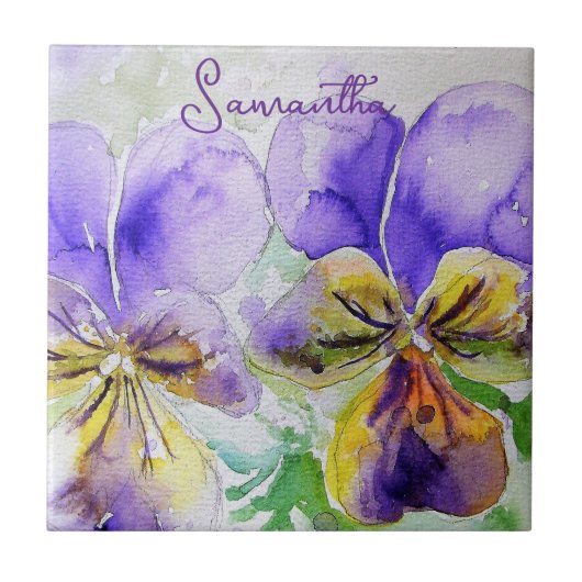 Paarse Viola Violets Waterverf Bloemen Art Design Tegeltje (Voorkant)