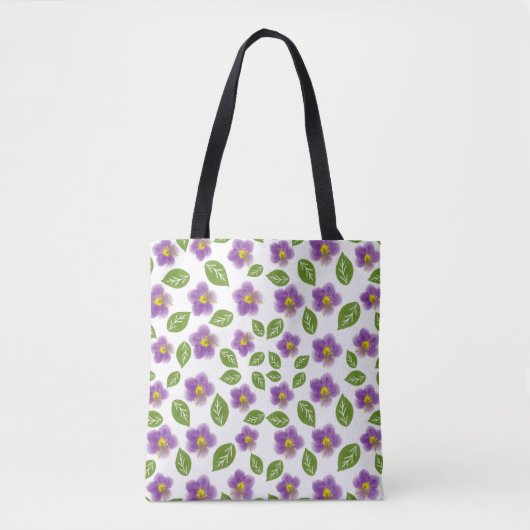 Paarse Violet Bloemmotief Canvas Tote Tas – Kunst (Voorkant)