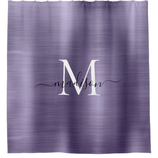 Paarse Violet Brushed Metal Monogram Girly Script Douchegordijn (Voorkant)