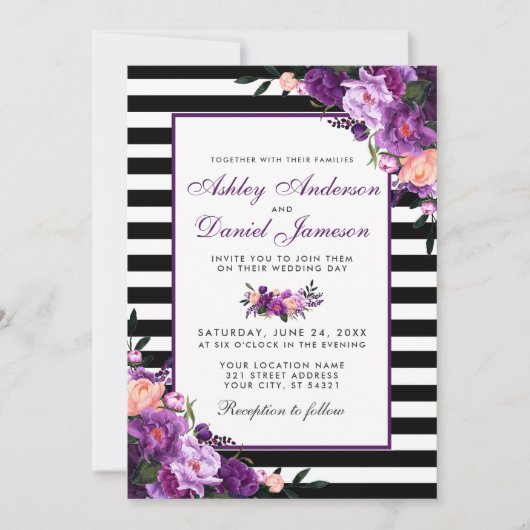 Paarse Violet Floral Black Stripes Weddenschap Kaart (Voorkant)