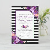 Paarse Violet Floral Black Stripes Weddenschap Kaart (Staand voorkant)
