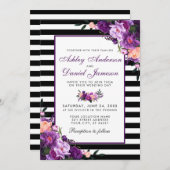 Paarse Violet Floral Black Stripes Weddenschap Kaart (Voorkant / Achterkant)