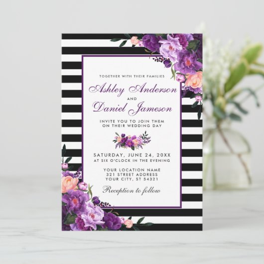 Paarse Violet Floral Black Stripes Weddenschap PB Kaart (Staand voorkant)