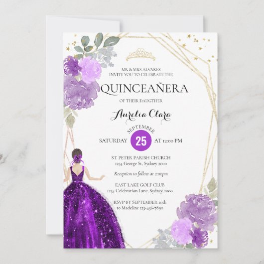 Paarse Violet Floral Geometric PhotoQuinceañera Kaart (Voorkant)