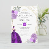 Paarse Violet Floral Geometric PhotoQuinceañera Kaart (Staand voorkant)