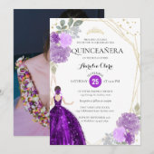 Paarse Violet Floral Geometric PhotoQuinceañera Kaart (Voorkant / Achterkant)