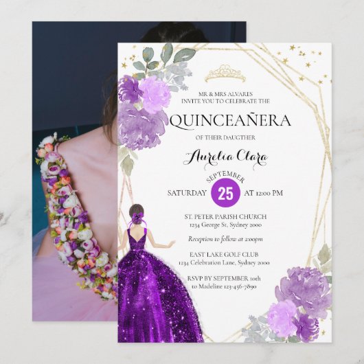 Paarse Violet Floral Geometric PhotoQuinceañera Kaart (Voorkant / Achterkant)