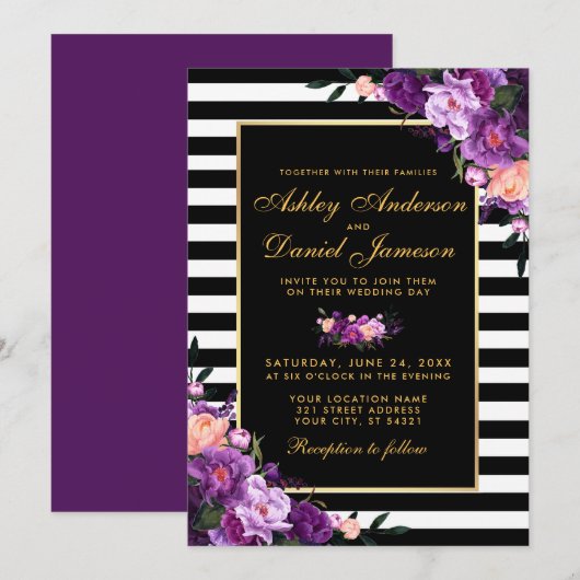 Paarse Violet Floral Gold Black Stripes BP Kaart (Voorkant / Achterkant)