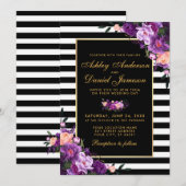 Paarse Violet Floral Gold Black Stripes Weddenscha Kaart (Voorkant / Achterkant)