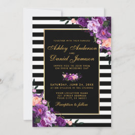 Paarse Violet Floral Gold Black Stripes Weddenscha Kaart