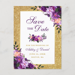 Paarse Violet Floral Gold Glitter Save the Date Aankondigingskaart
