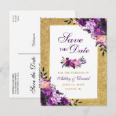 Paarse Violet Floral Gold Glitter Save the Date Aankondigingskaart (Voorkant / Achterkant)