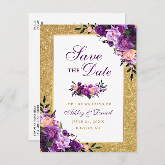 Paarse Violet Floral Gold Glitter Save the Date Aankondigingskaart (Voorkant / Achterkant)