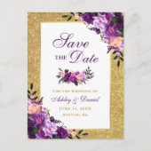 Paarse Violet Floral Gold Glitter Save the Date Aankondigingskaart (Voorkant)