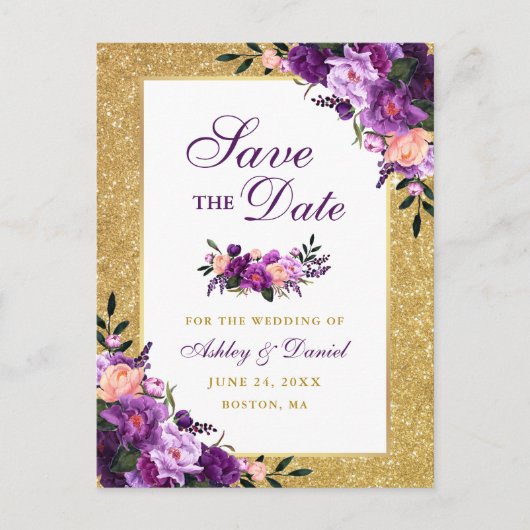 Paarse Violet Floral Gold Glitter Save the Date Aankondigingskaart (Voorkant)