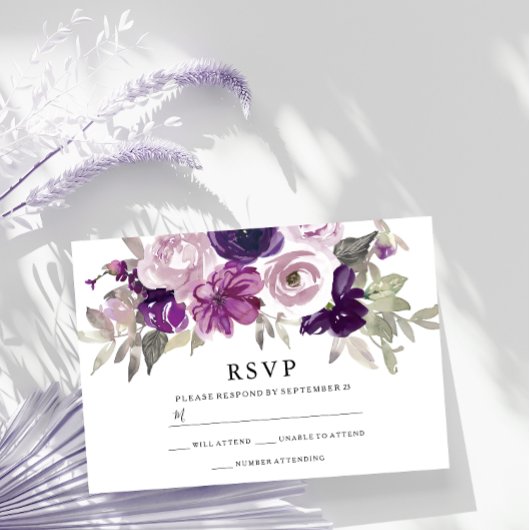 Paarse Violet Floral Waterverf Wedding RSVP Kaartje