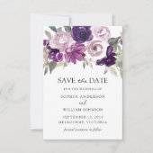 Paarse Violet Floral Waterverf Wedding Save The Date (Voorkant)