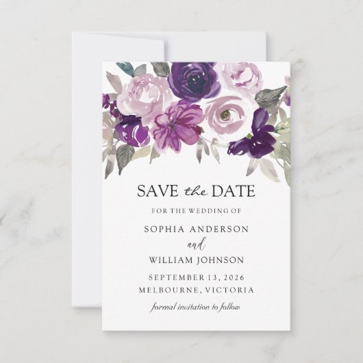 Paarse Violet Floral Waterverf Wedding Save The Date (Voorkant)