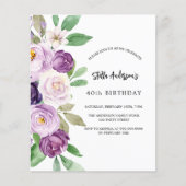 Paarse Violet Florals Budget verjaardagsuitnodigin (Voorkant)