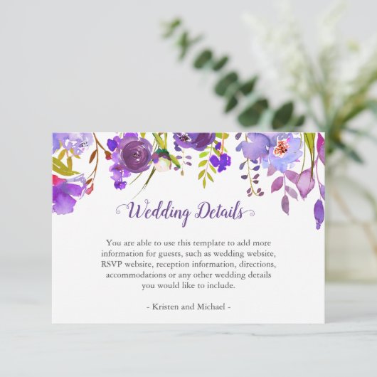 Paarse Violet Flowers Weddenschap Details Ontvangs Informatiekaartje (Staand voorkant)