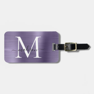 Paarse Violet Geborsteld Metalen Script Monogram S Bagagelabel