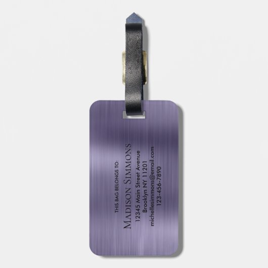 Paarse Violet Geborsteld Metalen Script Monogram S Bagagelabel (Achterkant verticaal)