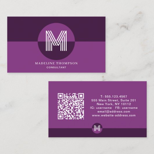 Paarse Violet Geometrische Moderne Monogram QR Cod Visitekaartje (Voorkant / Achterkant)