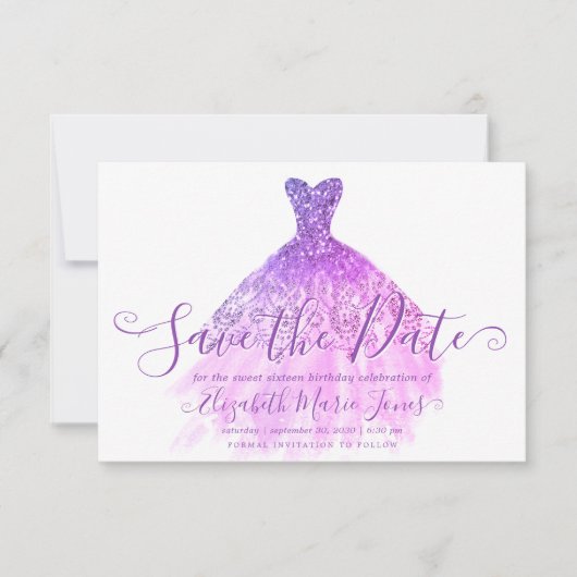Paarse Violet Glitter ChicDress Sweet 16 Verjaarda Save The Date (Voorkant)