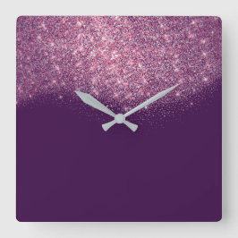 Paarse Violet Glitter Confetti Roze Rose Glam Vierkante Klok