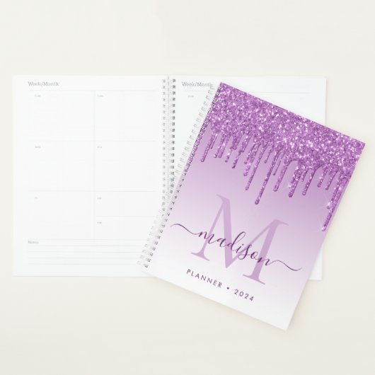 Paarse Violet Glitter Drips Girly Monogram 2021 Planner (Display)