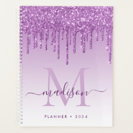 Paarse Violet Glitter Drips Girly Monogram 2021 Planner