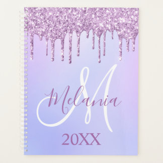 Paarse Violet Glitter Drips Girly Monogram 2025 Planner