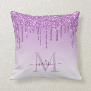 Paarse Violet Glitter Druppels Glam Monogram Schri Kussen