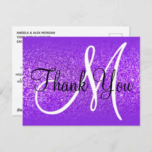 Paarse Violet Glitter Ombre Monogram Dank Je Wel Briefkaart (Voorkant / Achterkant)